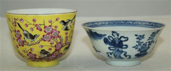 A Chinese porcelain cup and a Chinese blue and white bowl